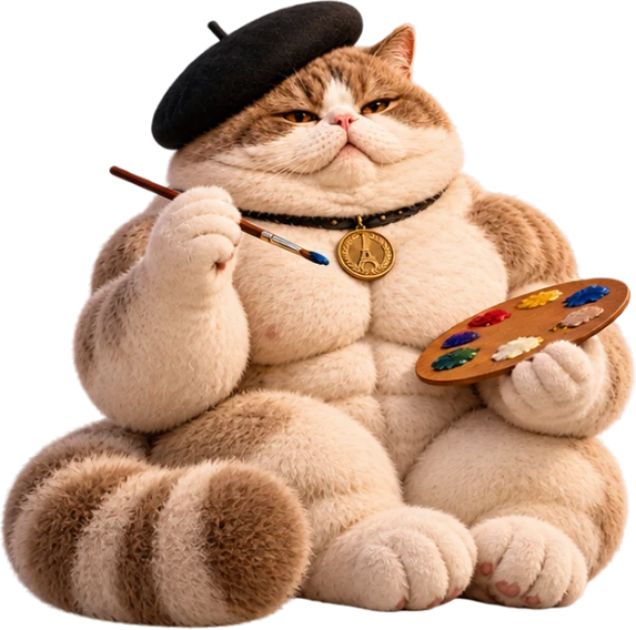 Le Chat Giga sitting with a paintbrush and palette