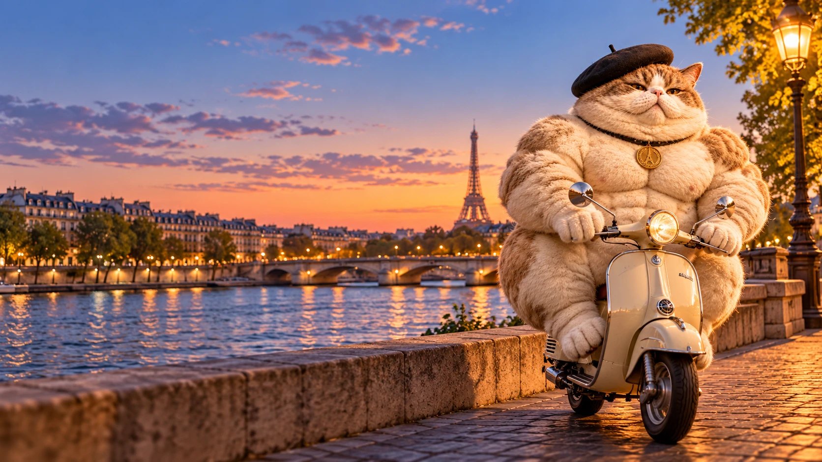 Le Chat Giga riding a cream scooter along the Seine at sunset